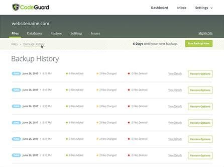 CodeGuard backup history dashboard